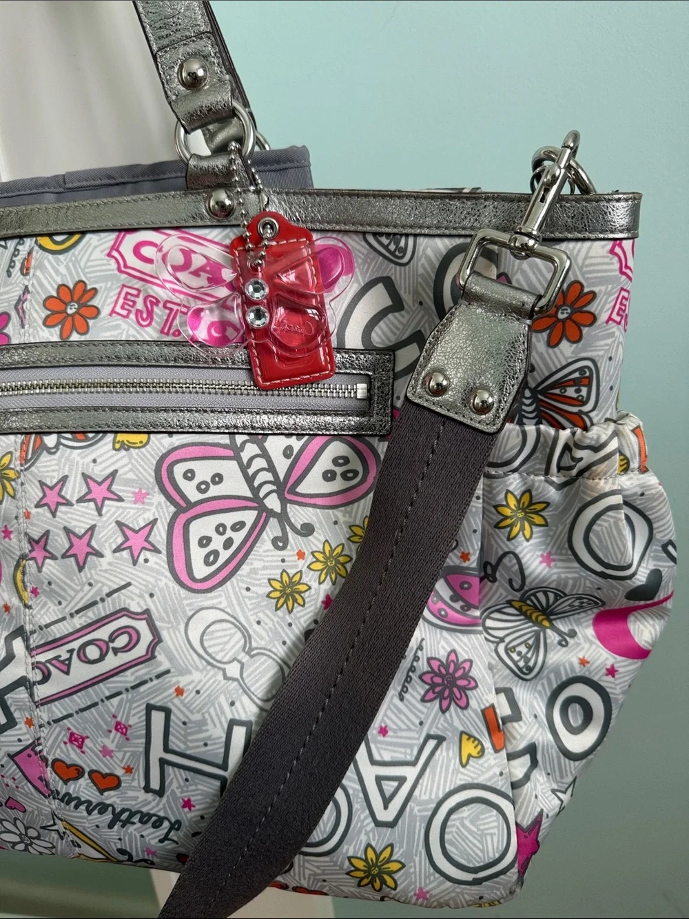 Coach Silver and Pink Graphic Butterfly Diaper Bag Y2K Vintage